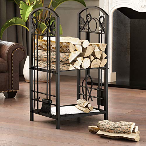 Lovinouse 2 Layer Firewood Log Rack with 4 Fireplace Tools Sets, Black Heavy Duty Wrought Iron Lumber Holder Storage Stacking Carrier for Indoor Outdoor Backyard Patio - Thumbnail 6