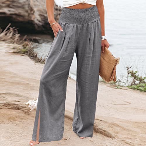 Women High Elastic Waisted Side Split Pants Fashion Wide Leg Palazzo Pants Solid Color Elegant Loose (Dark Gray, M)2