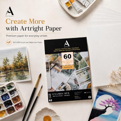 Image of ArtRight Artists' Acrylic Paper (A3 Pack of 60 Sheets, 300 GSM); 300 GSM Handmade Sheets for Gouache & Acrylic Media Papers