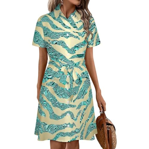KAOEOSI Green Gold Tiger Pattern Women's Short Sleeve Collared Shirt Dress Summer Button Down A Line Dresses 6XL