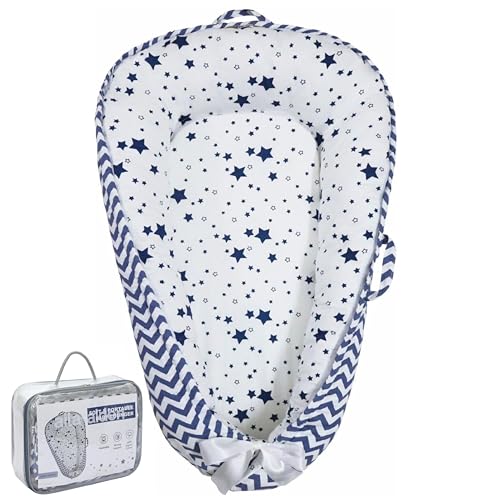 Image of Aila+Aiden Baby Lounger | Organic Cotton Infant Lounger| Reversible, Adjustable & Portable Floor Lounger |Supervised Use | Soft, Breathable, Washable Cover - Star Collection (Blue)