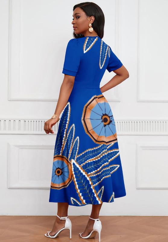 Image of MarryUP Women's Midi Dresses - V Neck Cocktail & Church Tea Dresses - Short Sleeve A-Line Swing Dress
