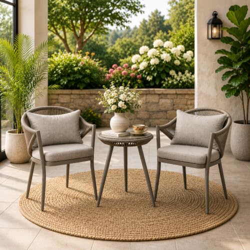 3-Piece Outdoor Bistro Set, Rope Woven Chairs with Cushions and R...