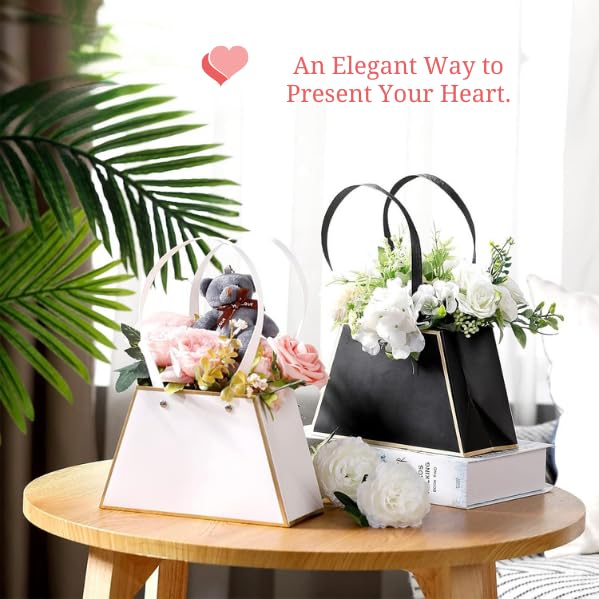 Image of Oasis Pack of 10 Flower Bouquet Gift Bags with Handles | Valentine's Day Gifting Bags for Her & Him | Goodie Bags for Wedding Return Gifts, Birthday, Bridal & Baby Shower | 13x13x10 cm | Gold & White