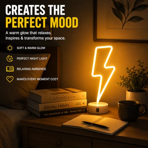 Image of Quace Lightning Bolt Neon Light for Room Decor, Dual Power (USB & 3 AA Batteries), Warm Yellow LED Neon Lamp, Gaming Room Decor, Bedroom Night Light, Desk Lamp for Home, Cafe & Party Decoration