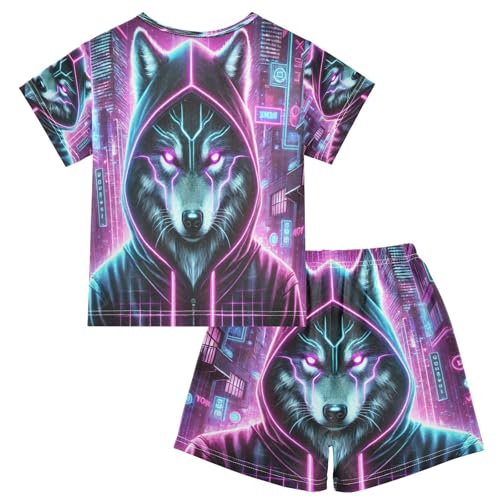 Neon Wolf Purple Pajama Set Short Sleeve Sleepwear Soft Pajamas Shorts Sets Cotton PJS 5Y2