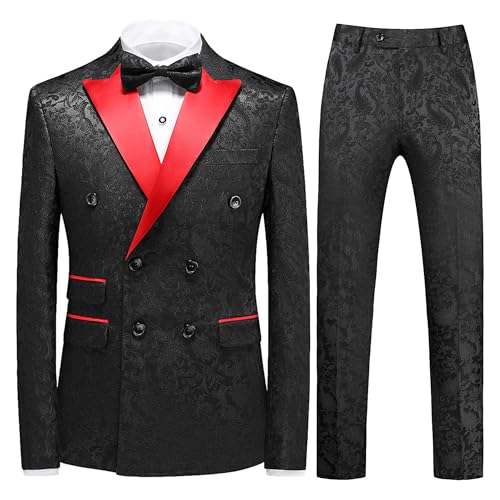 UNINUKOO Mens Suit 3 Piece Tuxedo for Men Paisley Floral Peak Lapel Double Breasted Blazer Vest Pants Set