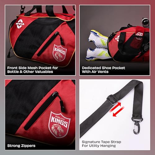 Image of Nivia X Punjab Kings Hit 2.0 Duffle Bag 22L - Ventilated Shoe Compartment, Quick-Access Pockets, Trolley Sleeve for Gym, Training & Travel