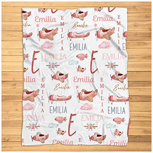 Personalized Airplane Blanket, Pink Airplane Baby Blanket, Custom Name Airplane Nursery Baby Blanket Shower Gift Plush Blanket for Baby for Kids