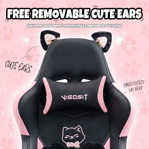Image of Cute Cat Ears Gaming Chair with Paw Lumbar Cushion, High Back Computer Chair with Footrest, 360 Swivel Height Adjustable Recliner Game Chair for Girls, 300lbs (Black Pink)