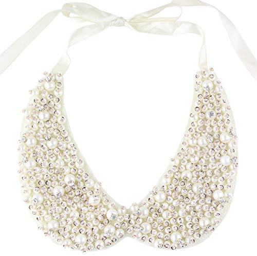 Mural Art Detachable Faux Pearls Sequins Clear Rhinestones False Collar Necklace White, Large