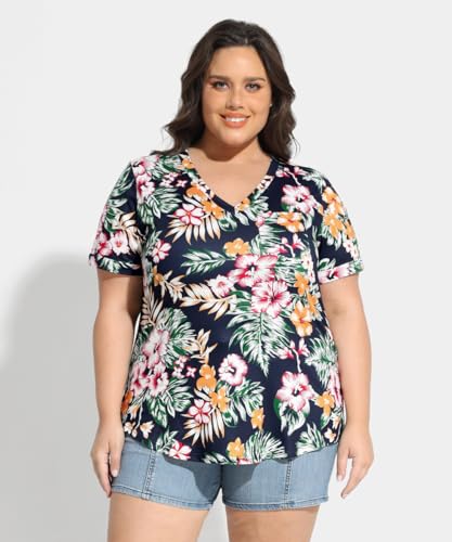 Image of TIYOMI Plus Size Tops for Women V Neck Tshirts Basic Tunic Casual Hawaii Floral Tie Dye Camo Summer Short Sleeve Tee XL-5XL
