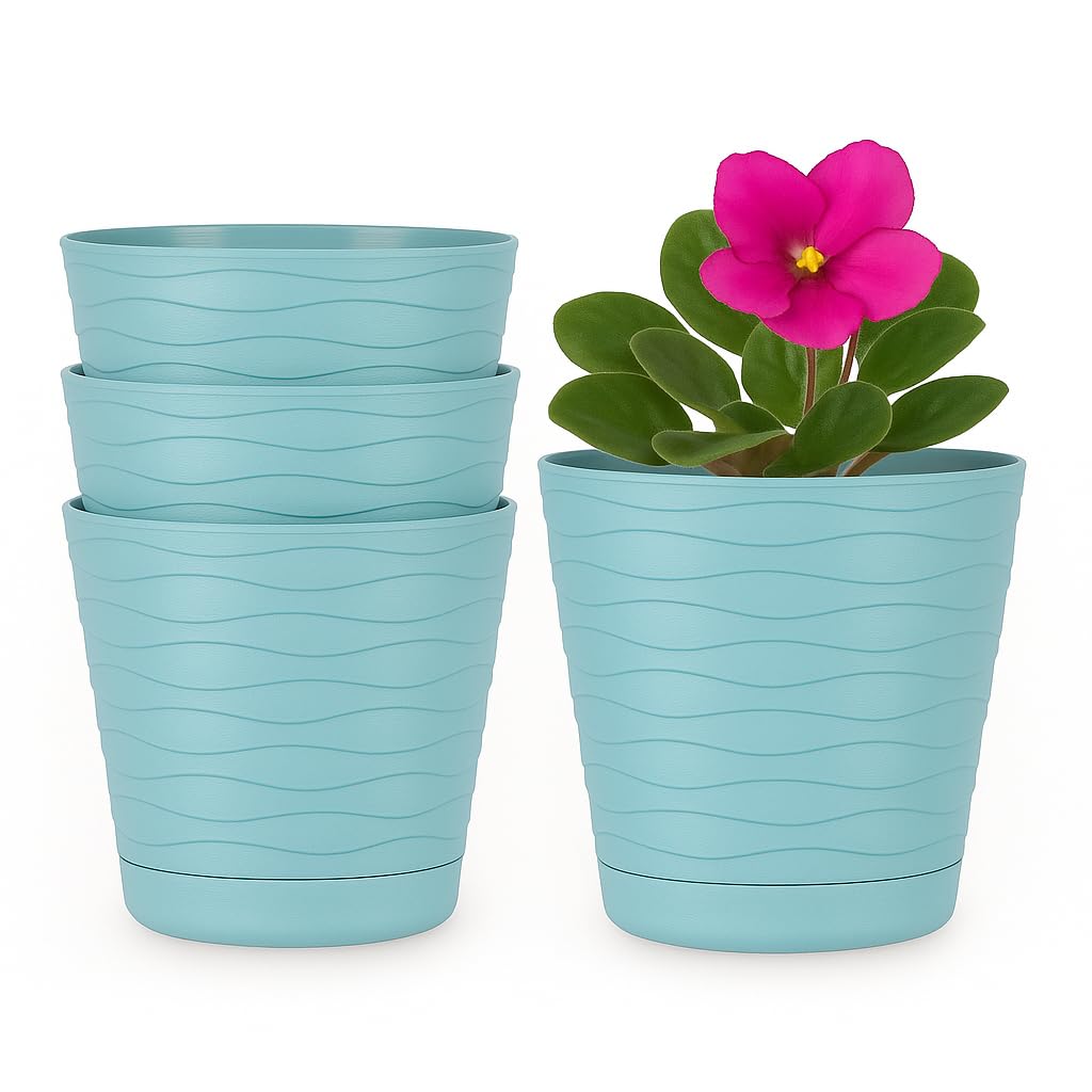 Home Garden Ornaments Set of 4 Plant Pots Indoor with Removable Saucers Drainage Holes Planter Flower Pots for Houseplants Plastic Indoor Plant Pot (Green 17cm / 6.7inch)