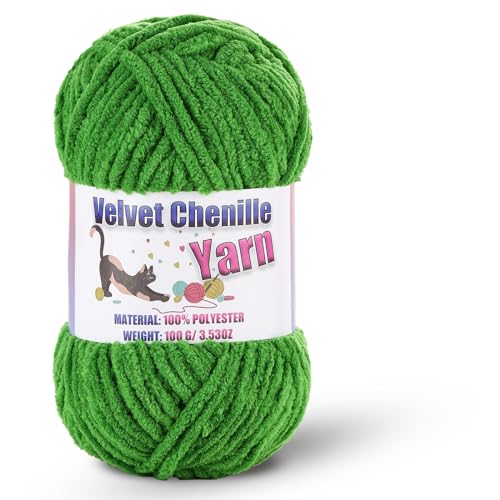 Image of Fluffy Chenille Yarn for Crocheting, Chunky Velvet Yarn for Crochet Amigurumi, Used for Making Baby Yarns Blanket, Clothes, Pattern Knitting Creations (1-Green)