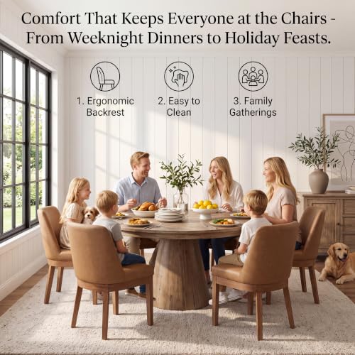 Image of Brown Faux Leather Dining Chairs Set of 6, Upholstered Dining Room Chairs | Comfortable Back Support, Sturdy Brushed Solid Wood Legs, Modern Farmhouse Kitchen Chairs for Living Room, Home, Apartment