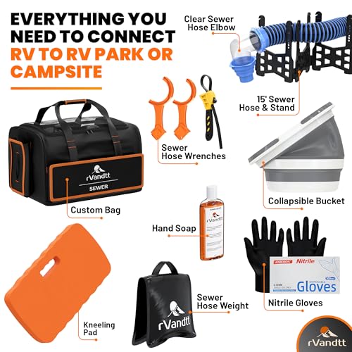 Image of RV Sewer Accessories Kit - 15ft Sewer Hose w /Clear Elbow, 4in1 Adaptor, Support, Collapsible Bucket, Gloves, Hand Cleaner, Wrenches, Kneeling Pad, Weight, Custom Bag