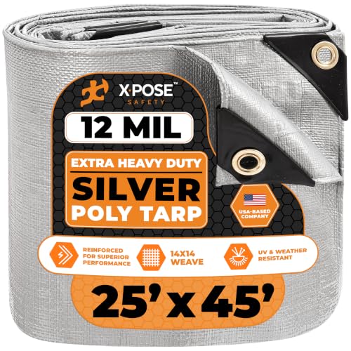 Heavy Duty Silver Poly Tarp 25' X 45' - Multipurpose Protective Cover - Durable, Waterproof, Weather Proof, Rip and Tear Resistant - Extra Thick 12 Mil Polyethylene - by Xpose Safety