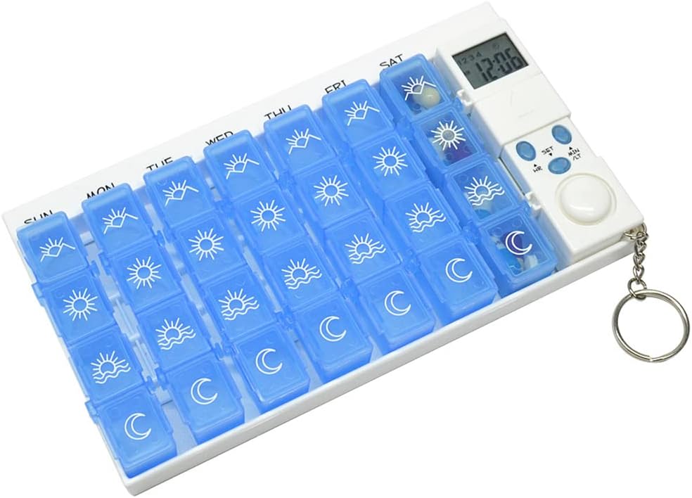 Electronic Pill Dispenser Medication Alarm – 28 Dispensers – 28 Grid One Week Smart Electronic Reminder Pill Box – Pill Box with Alarm – Portable Timing Reminder(Color:Blue) Electronic Pill Dispenser Medication Alarm – 28 Dispensers – 28 Grid One Week Smart Electronic Reminder Pill Box – Pill Box with Alarm – Portable Timing Reminder(Color:Blue)