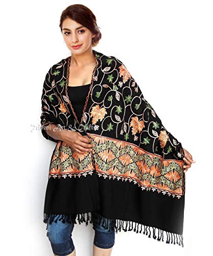Triveni Art & Crafts Exotic Women Scarves Aari Kashmir Stole Pure Wool Multi Color Flower Embroidered Shawl Soft Kashmir's Cashmere Wraps 78 X 28 Inch