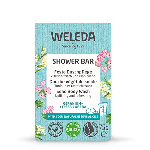 Weleda Solid Shower Gel Geranium + Litsea Cubeba, fórmula biodegradável e vegana de origem 100% natural, mistura floral refinada com gerânio e ltsea cubeba (1x 75g)