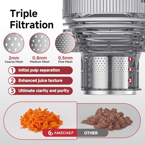 Cold Press Juicer Machine with 6" Extra-Wide Feed Chute,Triple Stainless Steel Filter,Quiet DC Motor,Easy to Clean, High Juice Yield Slow Masticating Juicer - Image 4