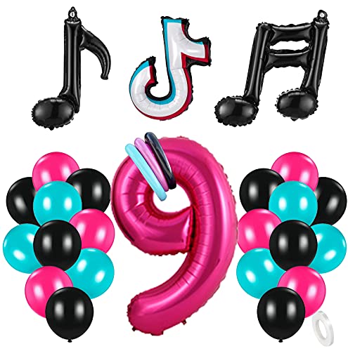 9 años de cumpleaños decoraciones, Tik Tok Globo Número 9 rosa roja globos torcientes de látex de lámina para niña niño temática musical Cover