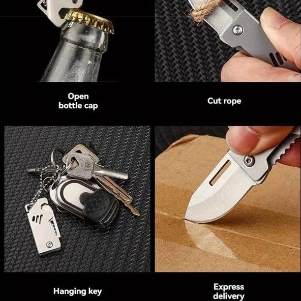 Image of Multipurpose Pocket Knife with Bottle Opener | Stainless Steel Mini Folding Utility Knife with Keychain | Portable Foldable Cutter for Fruits, Vegetables, Packages & Everyday Utility Use