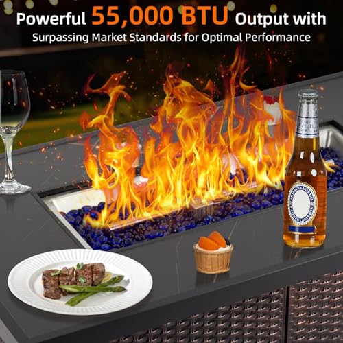 44 Inch Propane Fire Pit, CSA-Listed Outdoor Gas Fire Pit Rectangular Tabletop with Lid, 50,000 BTU Steel FireTable with Rain Cover Glass Wind for Outside Patio Yard Balcony, Brown