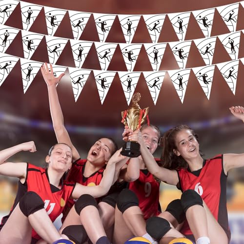 Image of Jetec 5 Pack Volleyball Party Decorations - 49 Ft Sports Pennant Banner Flags for Senior Night, Team Banquet, Birthday Supplies - Black & White Triangle Garland for Indoor Outdoor Decor