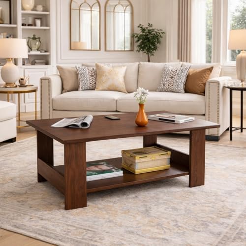 Image of Spyder Craft Modern Coffee Table with Open Storage Shelf - Minimalist Rectangular Center Table for Living Room, Office, and Lounge - Durable Engineered Wood, Easy Assembly (Columbian) (Assembly -DIY)