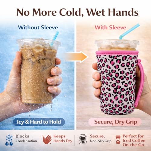 Image of KJQJLY 3 Pack Reusable Iced Coffee Sleeves for Iced Coffee Cups or Drinks Reusable Neoprene Insulated Sleeves for Hot and Cold Drinks from Starbucks, Dunkin, And More (pink leopard print)