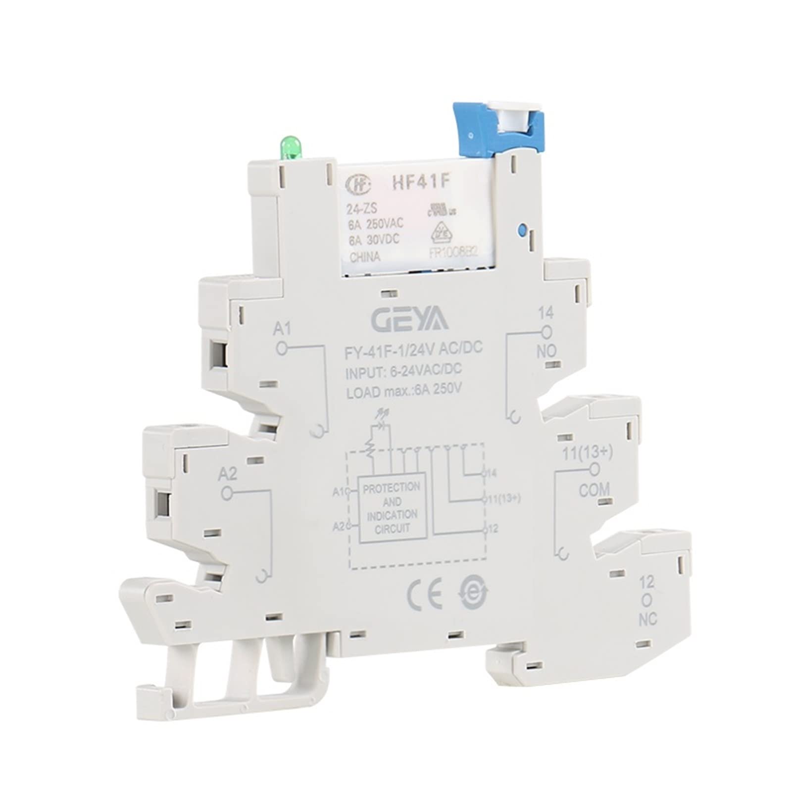Cienki moduł przekaźnikowy na szynie din HF-41F, wbudowany zasilacz do montażu na płytce drukowanej z uchwytem 12 V, 24 V, 48 V, 110 V 230 V, wtyczka 6,2 mm (niebieski 12 VACDC)