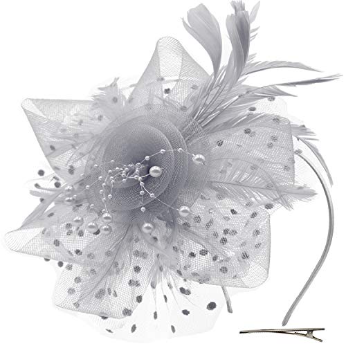 Wheebo Fascinator Hat Flower Feather Mesh Net Veil Party Wedding Headband for Women Girls (A-Gray)