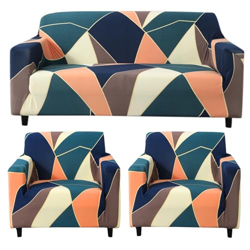 HOKIPO Polyester Stretchable Universal 3 Seater and 2 Seater Sofa Slipcover Fully Covered, Green Peach Abstract (NEW-AR-4093-D14*2 + AR-4095-D14)