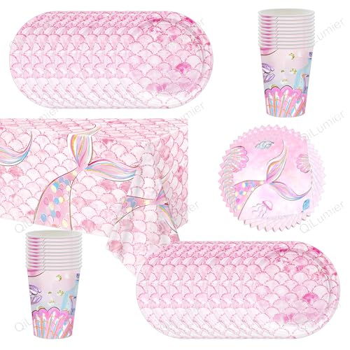 QiLumier 61 piezas Vajilla de fiesta de La sirena, Vajilla de cumpleaños para niños, juego de platos de papel para fiestas, vasos, servilletas y manteles.