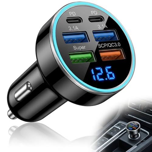 66W Cargador de Coche, USB C Mechero Carga Rápida con 6 Puertos [2PD+2 3.1A USBA +1Super+1SCP/QC3.0], Adaptador Coche 12V/24V con Voltímetro LED para 1Phone, Samsung, Tablet, Smartphone, GPS