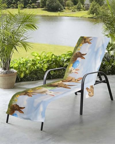 Easter Bunny Eggs Beach Chair Towel Covers for Chaise Lounge With Side Pocket, Soft Plush Pool Towels Cover for Patio Sunbathing Outdoor 29''x85'' Vintage Spring Botanical Plant Painting