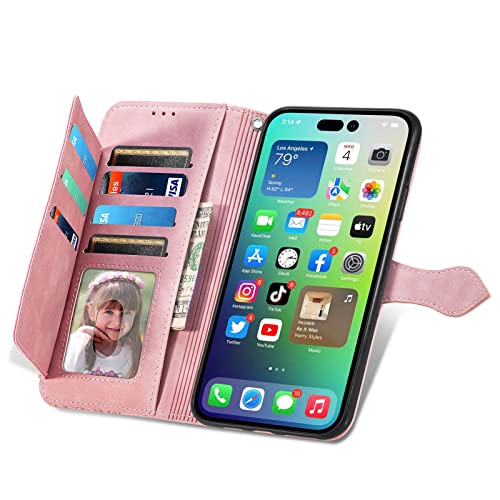 NEXCURIO Zip Wallet Case Compatible with Apple iPhone 14 Pro Max Phone Case Wallet with Credit Card Holder Strap Stand Women Leather Flip Case Floral Folding Cover Shockproof - Image 3