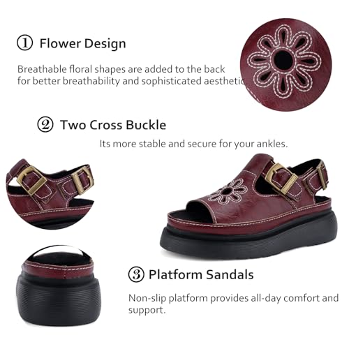 Image of Red Platform Sandals for Women Chunky Ankle Buckle Casual Open Toe Comfortable Flower Decoration Fisherman Sandals Sizes 8.5