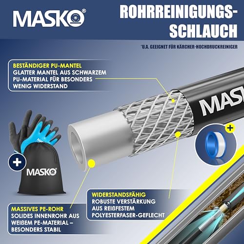 Foto von MASKO® Premium Rohrreinigungsschlauch Set Abflussreiniger 30m, 200 bar inkl. Isolierband, Tasche 3 Adapter 2 Düsen kompatibel mit Kärcher k2-k7 LAVOR Hochdruckreiniger Rohrreinigungsset + Handschuhe