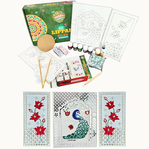 Image of Hobby Nest DIY Lippan Art Kit - Peacock Bloom Trio | 3 Pre-Outlined Canvas Boards | lippan Art kit for Adults | Canvas Painting | Wall Decor | Gift Combo (Peacock Bloom Trio)