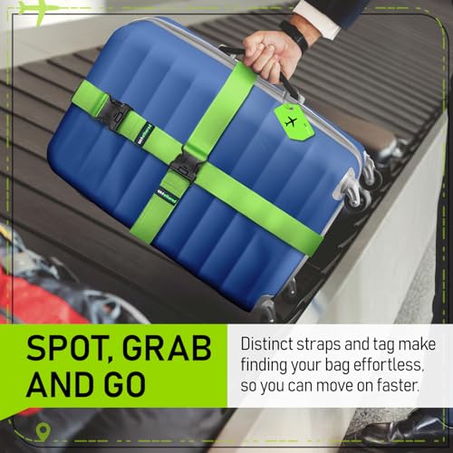 Image of Untethered Ultimate Travel Set: 4 Premium Luggage Straps and 4 Silicone Tags - Secure & Identify Your Bags with Ease (Green + Tags)