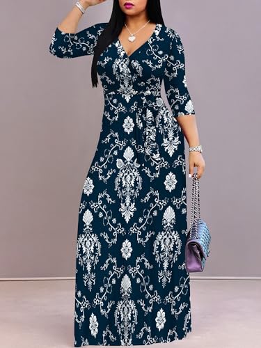 Image of Women's V Neck Floral Maxi Dress 3 /4 Sleeve Plus Size Boho Wrap Flowy Long Dresses with Belt