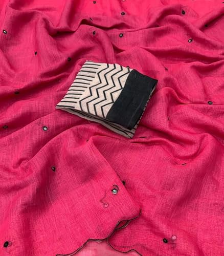 Image of Linen Cotton Saree with Black Mirror Work | New