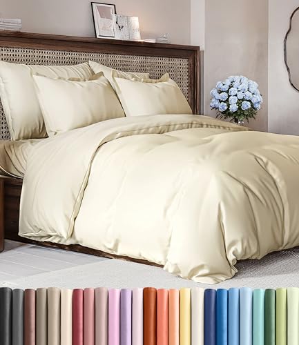 Image of Duvet Cover Full Size - Soft 3 Piece Set with Zipper Closure - Off White | Extra Soft Full Duvet Cover 80 inch x 90 inch with 2 Pillow Shams, Hotel Luxury w / Zipper Closures & Ties, Comfy & Breathable, Comfy