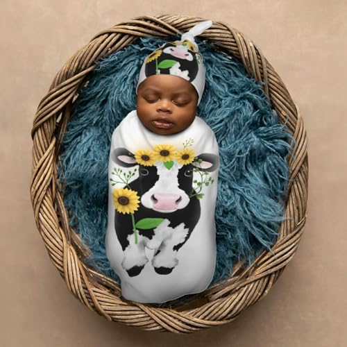 Image of Ornate Cow in Sunflowers Newborn Swaddle Blanket with Beanie Set Soft Baby Sleep Sack Stretch Adjustable Swaddle Wraps Receiving Blankets