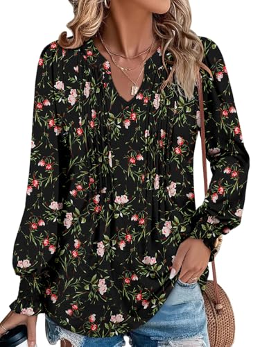 BETTE BOUTIK Long Sleeve Shirts for Women Fall Tops Dressy Blouses Pleated V Neck Tunic Tops for Leggings S-3XL