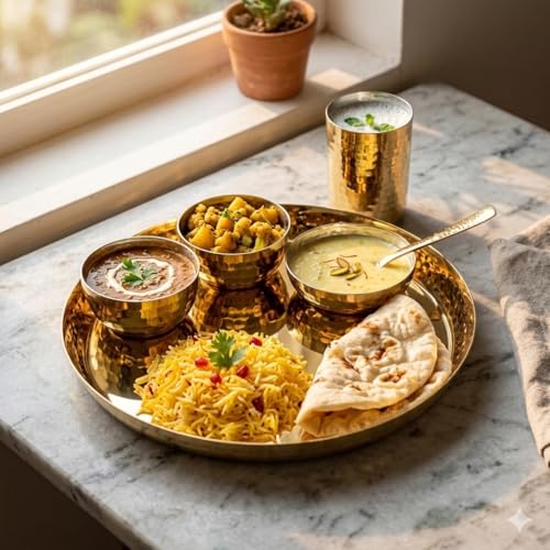 Image of Silverglow Aurum PVD Gold Plated Stainless Steel Dinner Set (6 Pcs) | Hammered Luxury Thali Set with Plate, Glass, Bowls & Spoon | Premium Dining Set | Wedding, Diwali, Pooja, Housewarming Gift Set