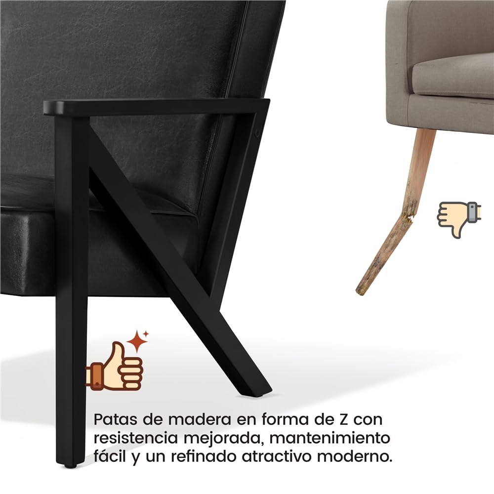 Yaheetech Sillón de Piel Sintética para Salón con Respaldo, Negro | Sillón Relax, Patas de Mader, para Sala de Estar, Oficina y Recepción, Marco de madera de caucho sólida
