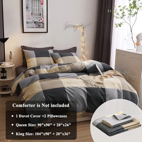 Image of VM VOUGEMARKET Cotton Full Duvet Cover Set,3 Pieces Black Gray Plaid Duvet Cover with 2 Pillowcases Modern Simple Checkered Comforter Cover for Teens Boys Men-80x90 Inch